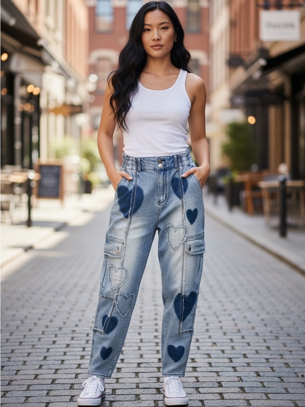 Oli & Hali Light Blue Denim Boyfriend Jeans with Navy Heart Patches